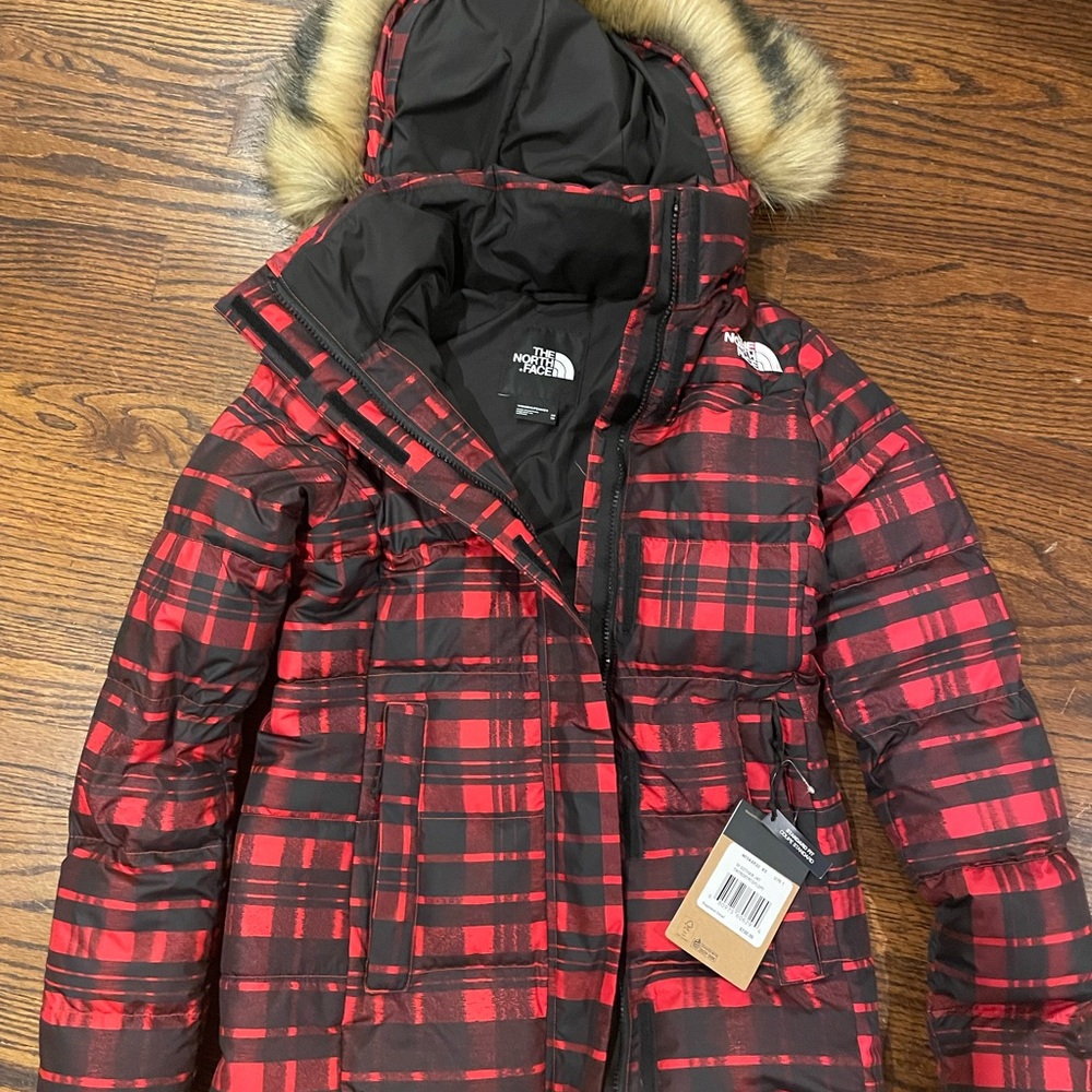 The north face TNF Gotham red plaid puffer jacket. XS NWT - Picture 3 of 5